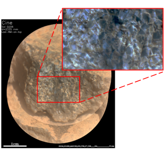 Image RMI de la roche Cine par l’instrument SuperCam montrant la texture de cumulat grenu riche en olivine. L’olivine est le premier minéral à cristalliser lors des processus magmatiques dont il est un excellent traceur. © NASA/JPL-Caltech/LANL/CNES/CNRS/IRAP